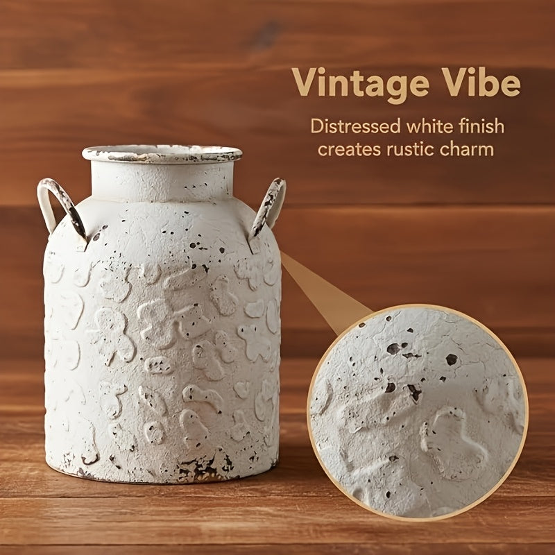 Distressed White Metal Jug Vase with Handles - Vintage Floral Embossed Farmhouse Decorative Vase for Dried Flowers And Centerpieces