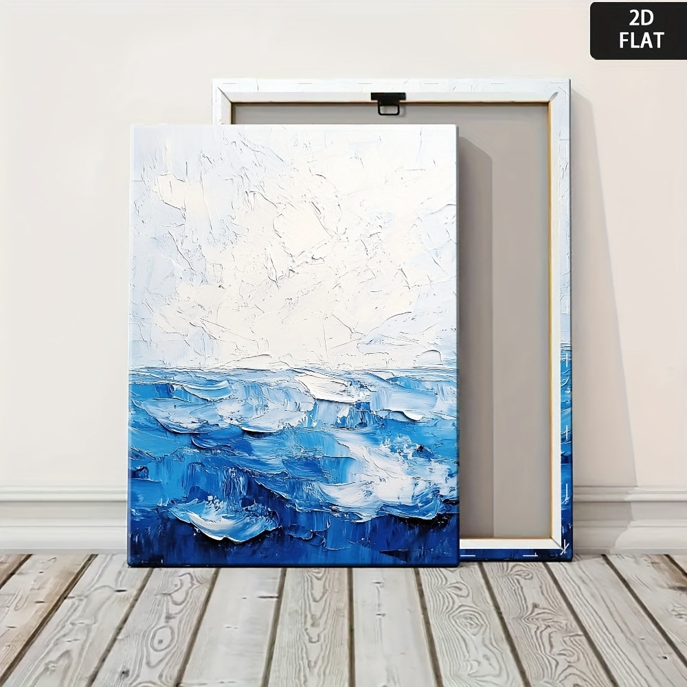 2D Flat, Abstract Blue Ocean Wall Art - Modern Navy & Canvas Painting for Home Office, Living Room, Bedroom - Wrapped Framed Inspirational Decor, Calming Blue Hues, Minimalist Contemporary Style, Ready-to-Hang Office & Bedroom Decoration