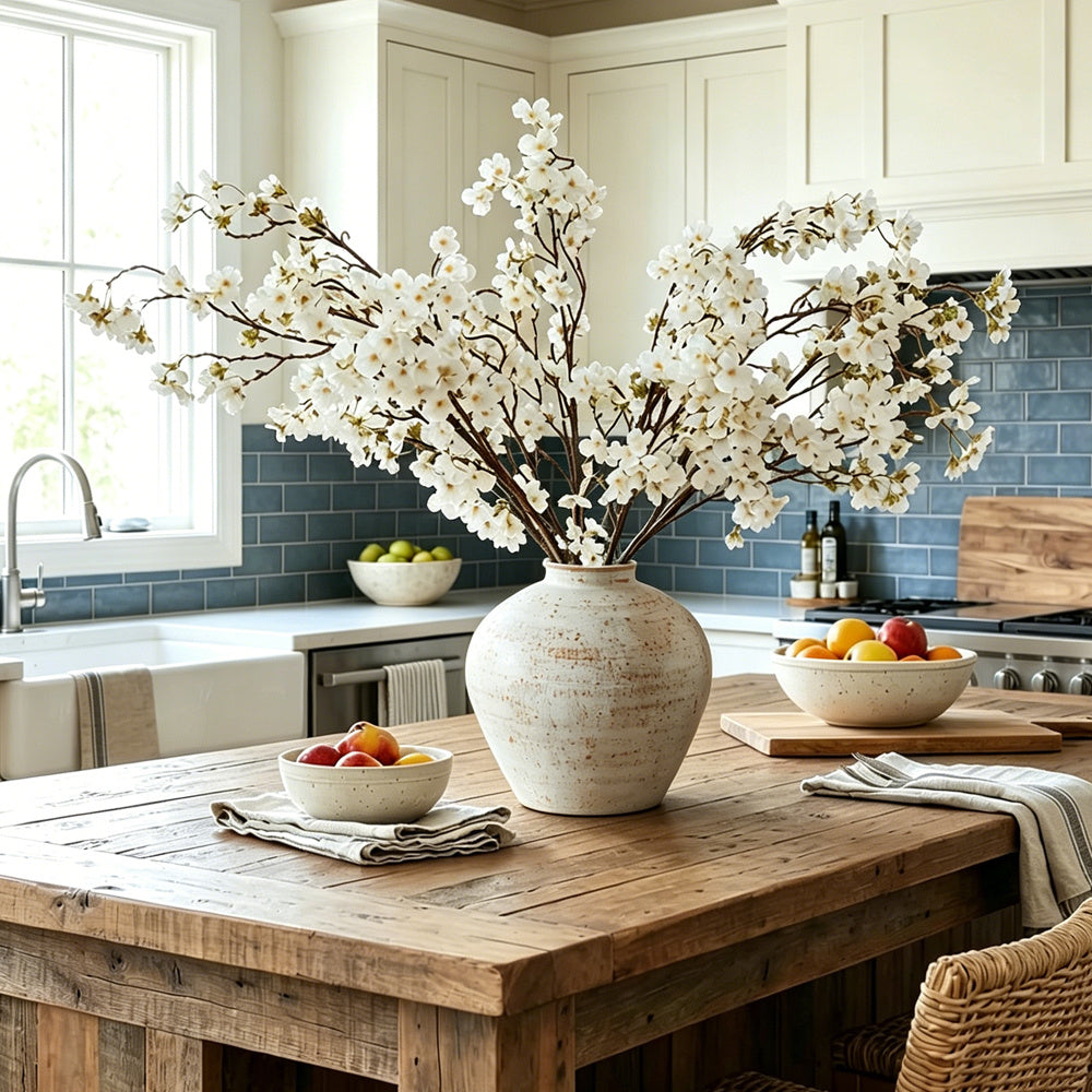 White Rustic Round Vase for Table Centerpieces 6 inches, Earthy Stone Look, Textured, Modern Homes Farmhouse Centerpiece Decor