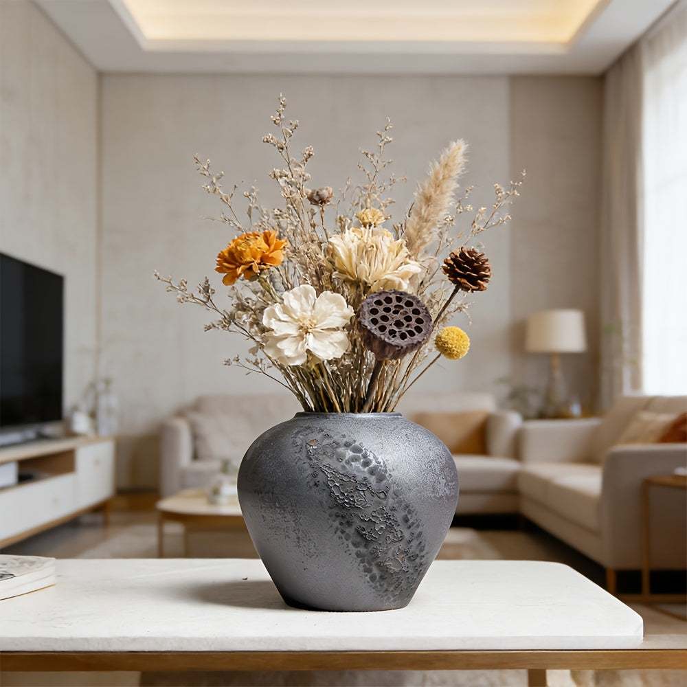 Wabi-Sabi Ceramic Vase with Textured Glaze End, Rustic Farmhouse Decorative Flower Vase for Living Room Tabletop, Modern Farmhouse Mantel Centerpiece, Aesthetic Home Decor