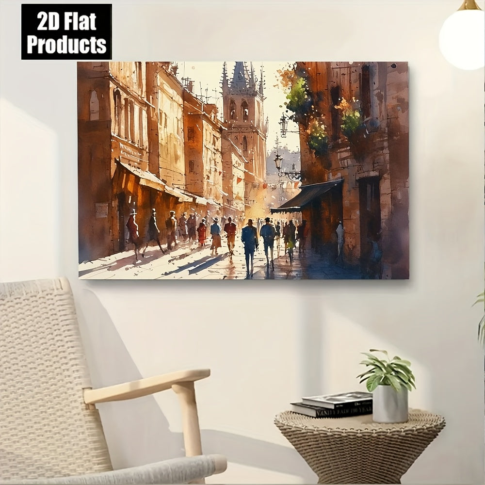 2D Flat 1pc Wooden Frame Watercolor Painting of a City Street with Medieval Buildings And Perfect for Enhancing Living Rooms, Bedrooms, And Hallways