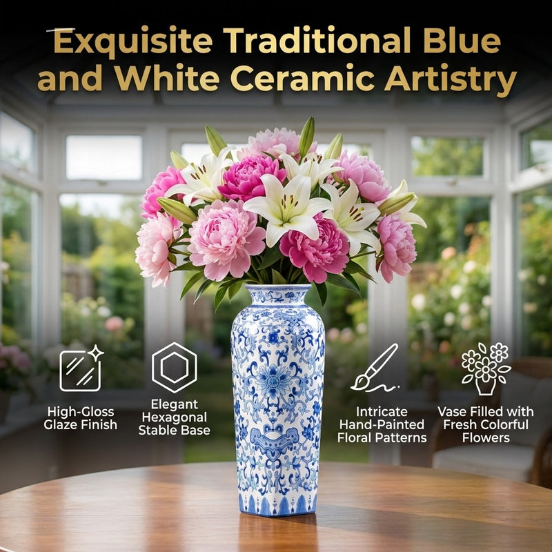 Sophisticated Chinoiserie Blue And White Ceramic Vase, Intricate Floral Pattern Porcelain Vase, Luxury Home Decor for Living Room, Study, Office, Flower Arrangement & Gift