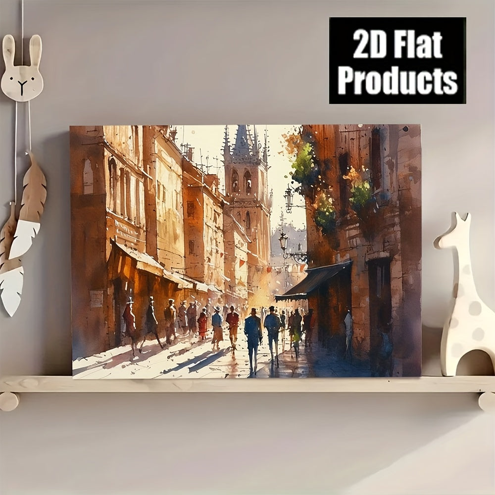 2D Flat 1pc Wooden Frame Watercolor Painting of a City Street with Medieval Buildings And Perfect for Enhancing Living Rooms, Bedrooms, And Hallways