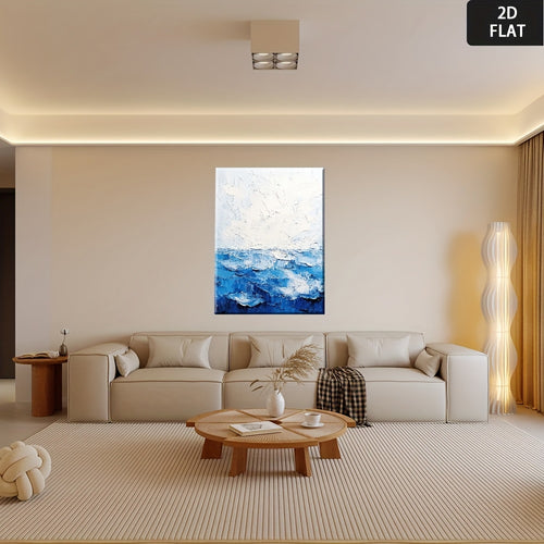 2D Flat, Abstract Blue Ocean Wall Art - Modern Navy & Canvas Painting for Home Office, Living Room, Bedroom - Wrapped Framed Inspirational Decor, Calming Blue Hues, Minimalist Contemporary Style, Ready-to-Hang Office & Bedroom Decoration