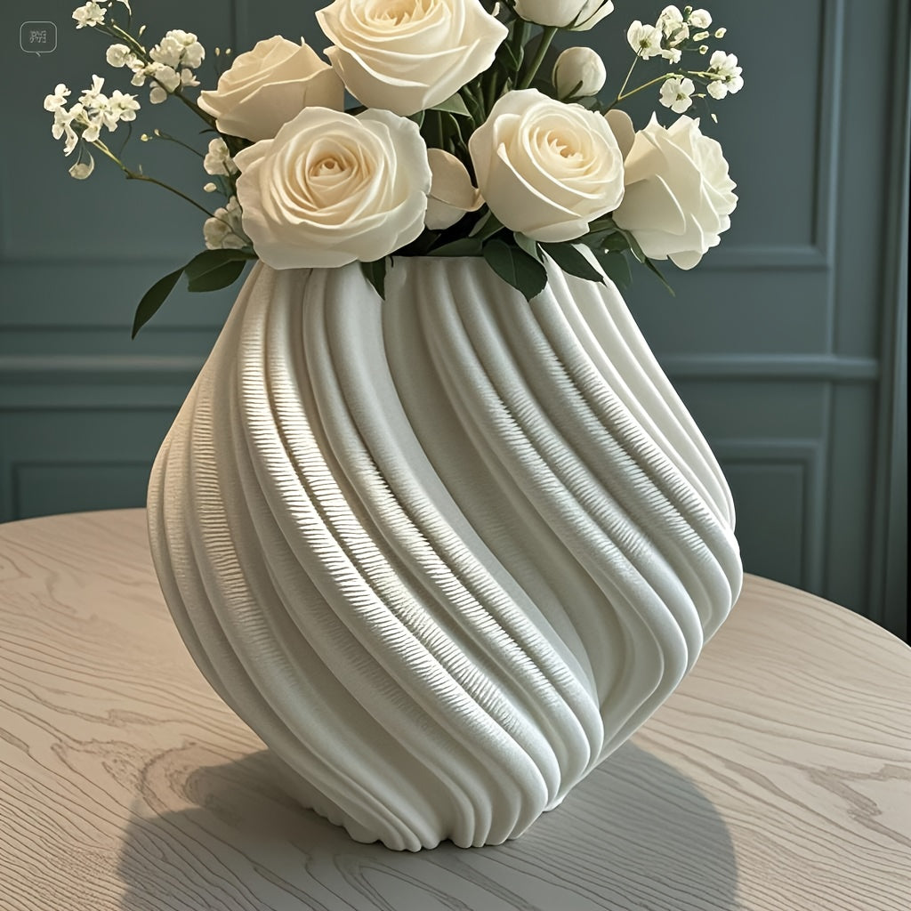 Creative 3D Printed Pleated Ceramic White Flower Vase, Designer Artistic Decorative Items, Model Room Living Room Vase Ornaments