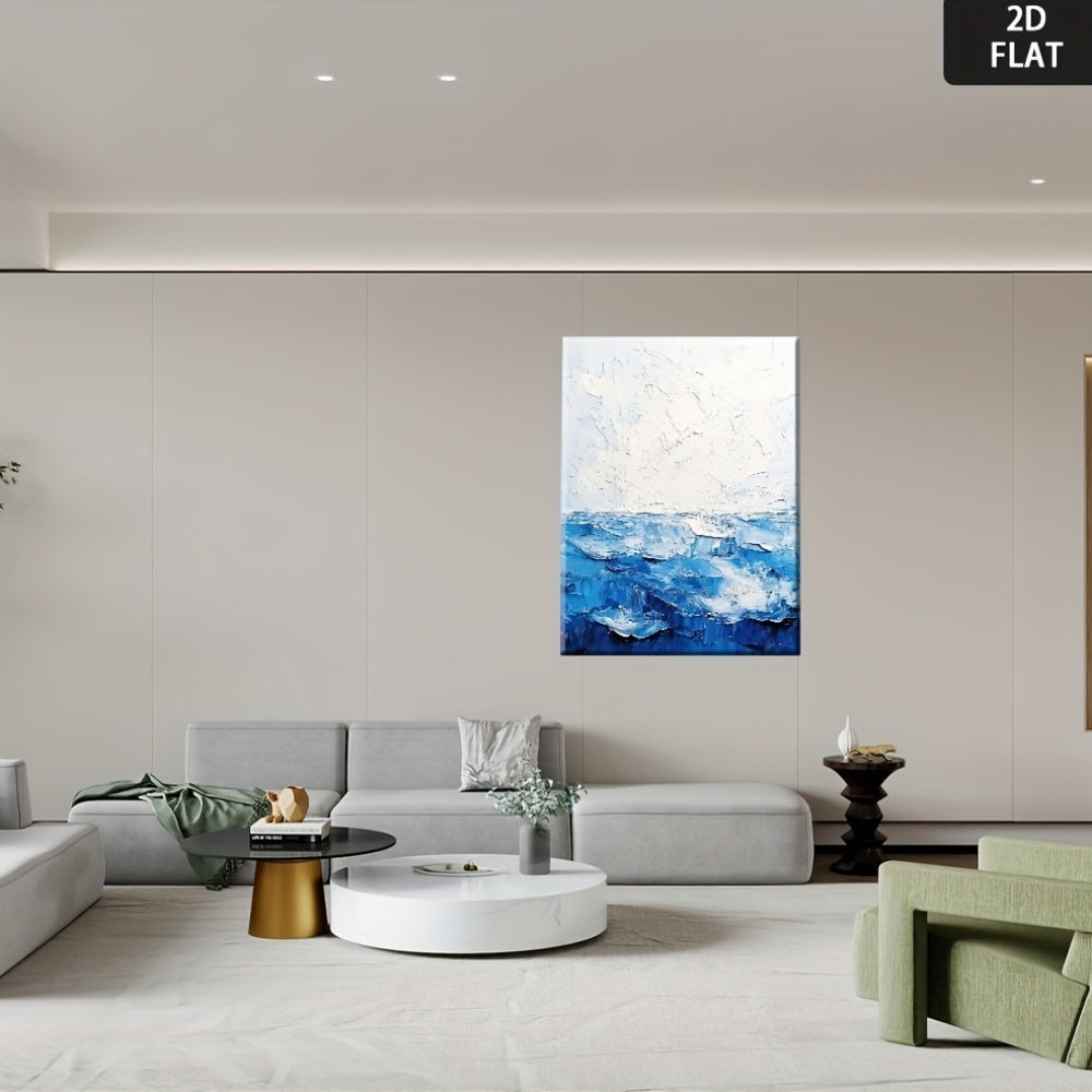 2D Flat, Abstract Blue Ocean Wall Art - Modern Navy & Canvas Painting for Home Office, Living Room, Bedroom - Wrapped Framed Inspirational Decor, Calming Blue Hues, Minimalist Contemporary Style, Ready-to-Hang Office & Bedroom Decoration