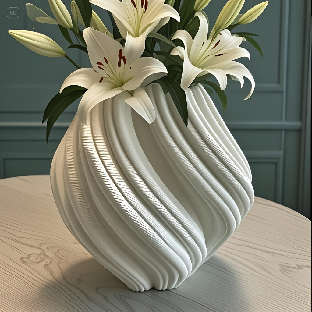 Creative 3D Printed Pleated Ceramic White Flower Vase, Designer Artistic Decorative Items, Model Room Living Room Vase Ornaments