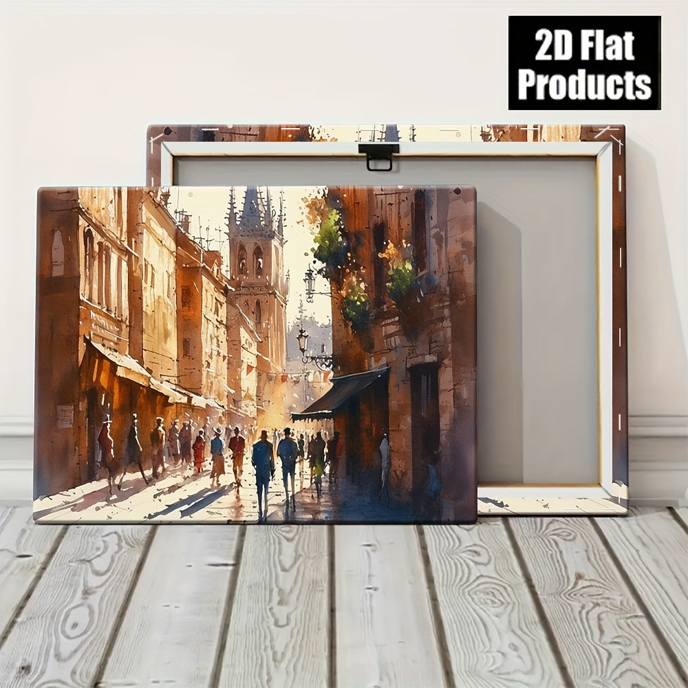 2D Flat 1pc Wooden Frame Watercolor Painting of a City Street with Medieval Buildings And Perfect for Enhancing Living Rooms, Bedrooms, And Hallways