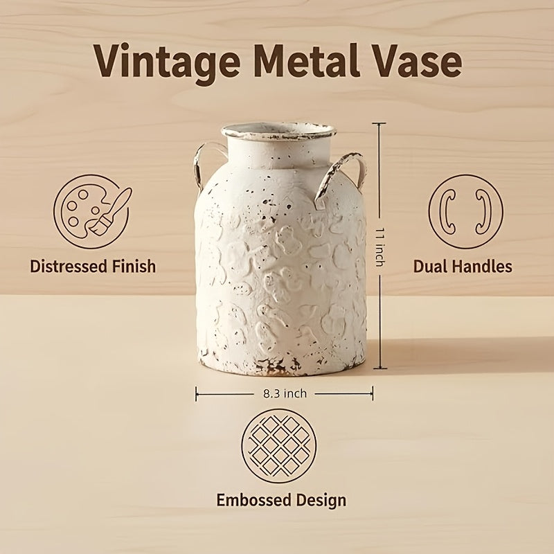 Distressed White Metal Jug Vase with Handles - Vintage Floral Embossed Farmhouse Decorative Vase for Dried Flowers And Centerpieces