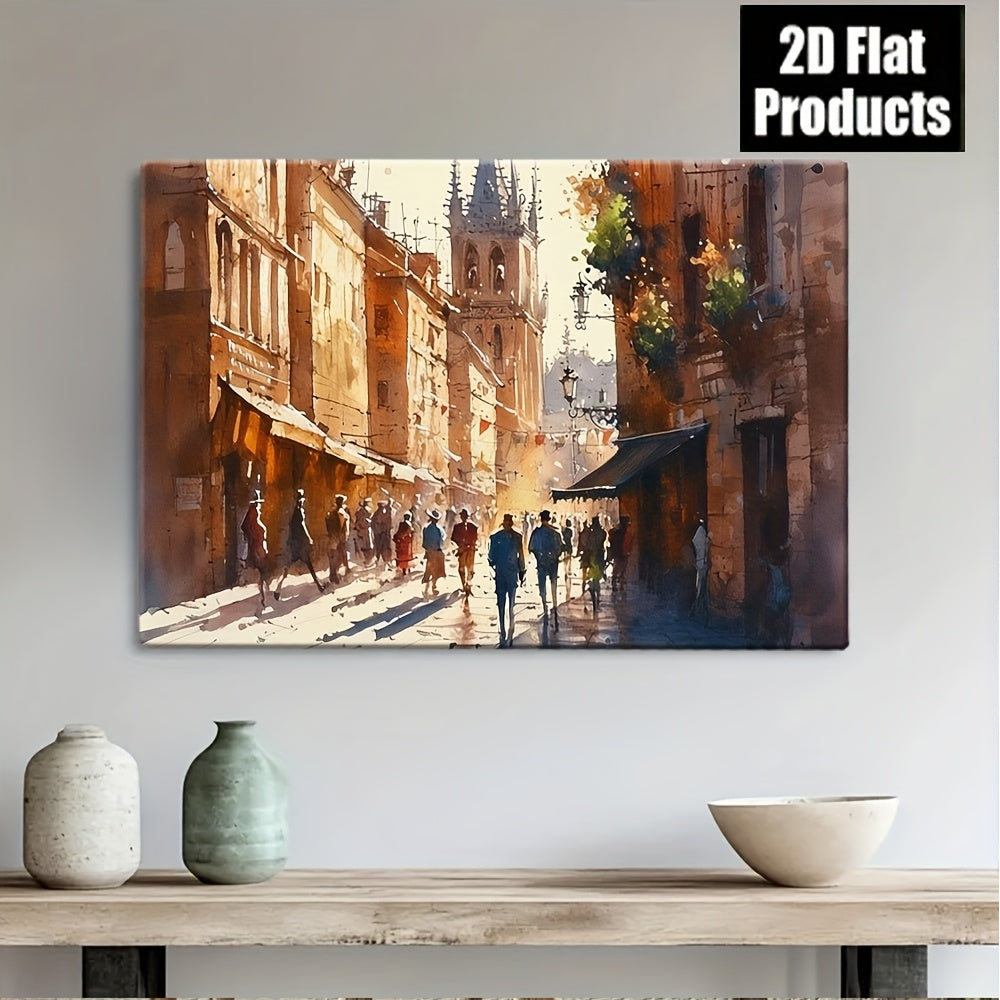 2D Flat 1pc Wooden Frame Watercolor Painting of a City Street with Medieval Buildings And Perfect for Enhancing Living Rooms, Bedrooms, And Hallways