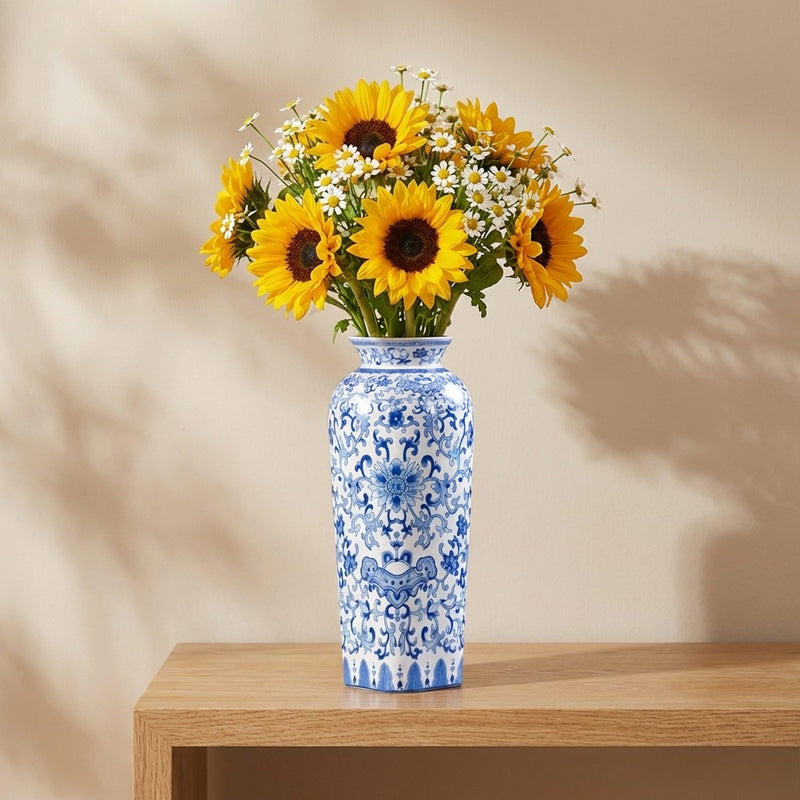 Sophisticated Chinoiserie Blue And White Ceramic Vase, Intricate Floral Pattern Porcelain Vase, Luxury Home Decor for Living Room, Study, Office, Flower Arrangement & Gift