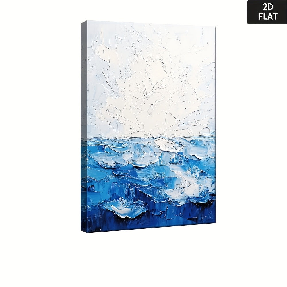 2D Flat, Abstract Blue Ocean Wall Art - Modern Navy & Canvas Painting for Home Office, Living Room, Bedroom - Wrapped Framed Inspirational Decor, Calming Blue Hues, Minimalist Contemporary Style, Ready-to-Hang Office & Bedroom Decoration