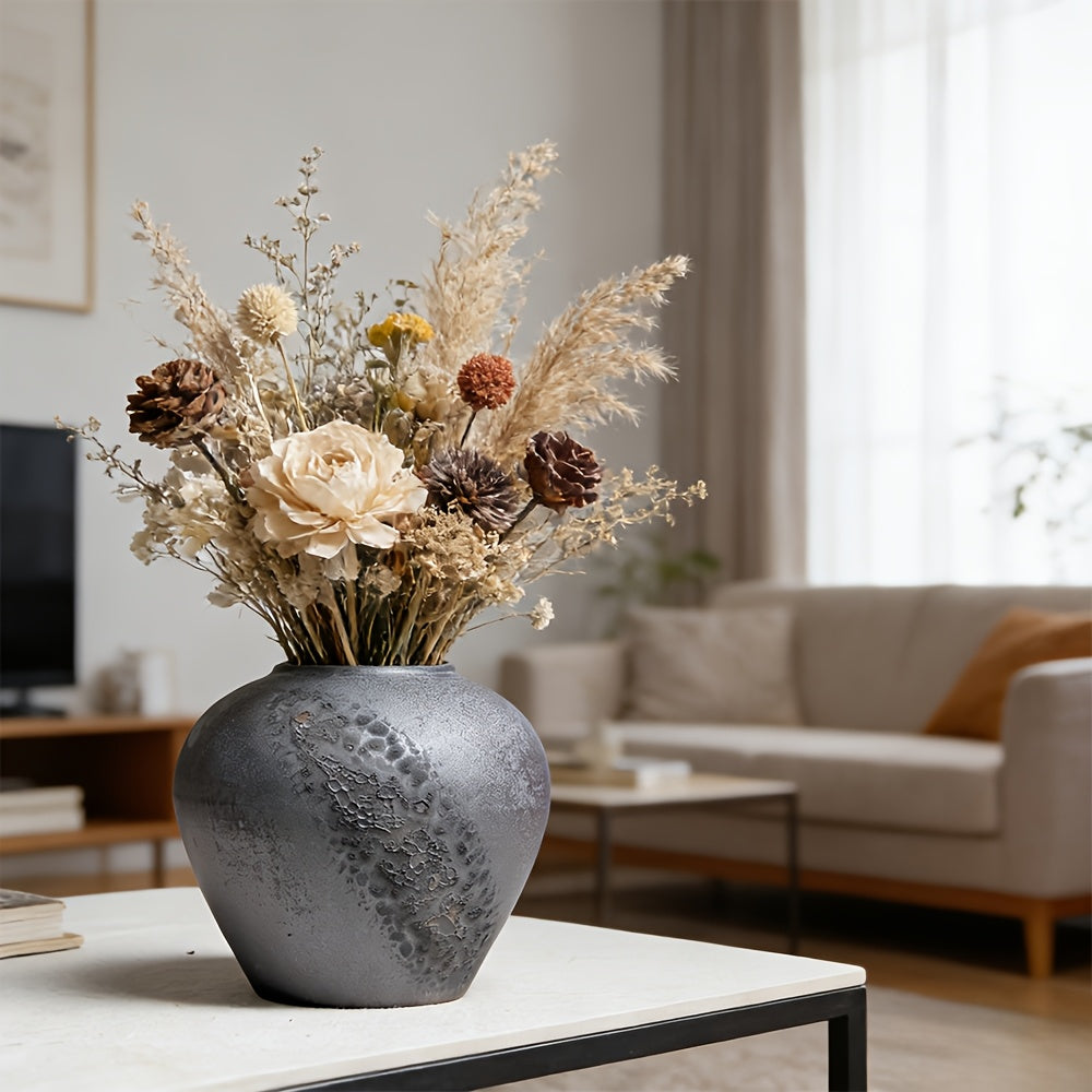Wabi-Sabi Ceramic Vase with Textured Glaze End, Rustic Farmhouse Decorative Flower Vase for Living Room Tabletop, Modern Farmhouse Mantel Centerpiece, Aesthetic Home Decor