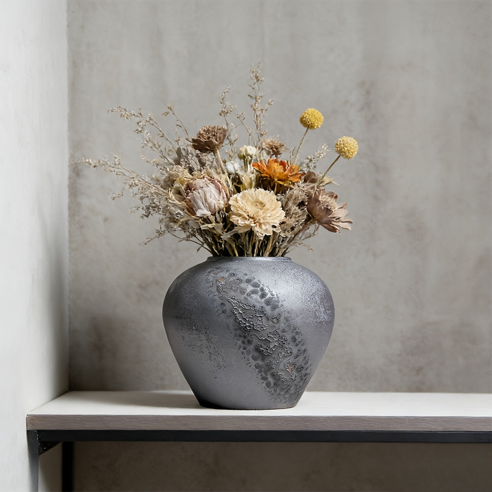 Wabi-Sabi Ceramic Vase with Textured Glaze End, Rustic Farmhouse Decorative Flower Vase for Living Room Tabletop, Modern Farmhouse Mantel Centerpiece, Aesthetic Home Decor
