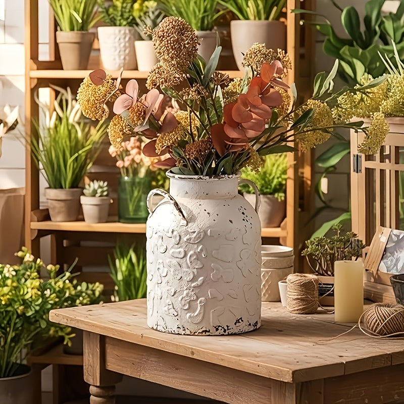 Distressed White Metal Jug Vase with Handles - Vintage Floral Embossed Farmhouse Decorative Vase for Dried Flowers And Centerpieces