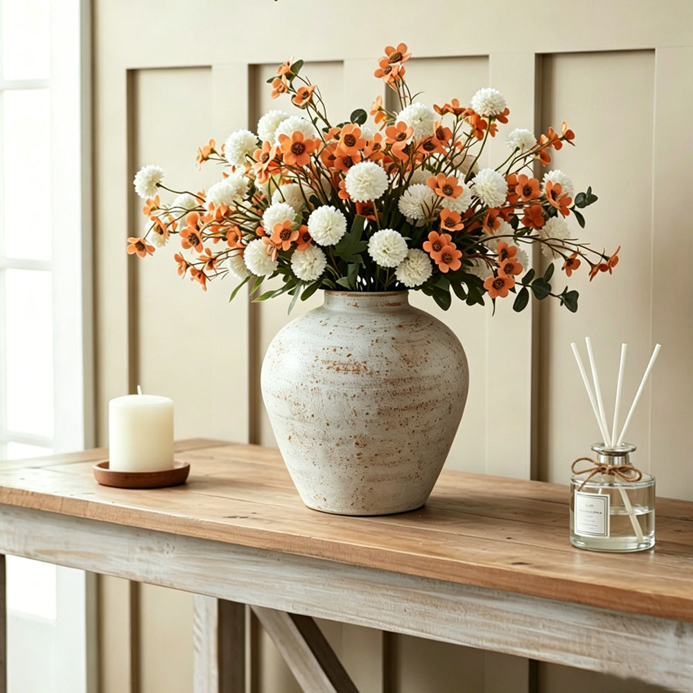 White Rustic Round Vase for Table Centerpieces 6 inches, Earthy Stone Look, Textured, Modern Homes Farmhouse Centerpiece Decor