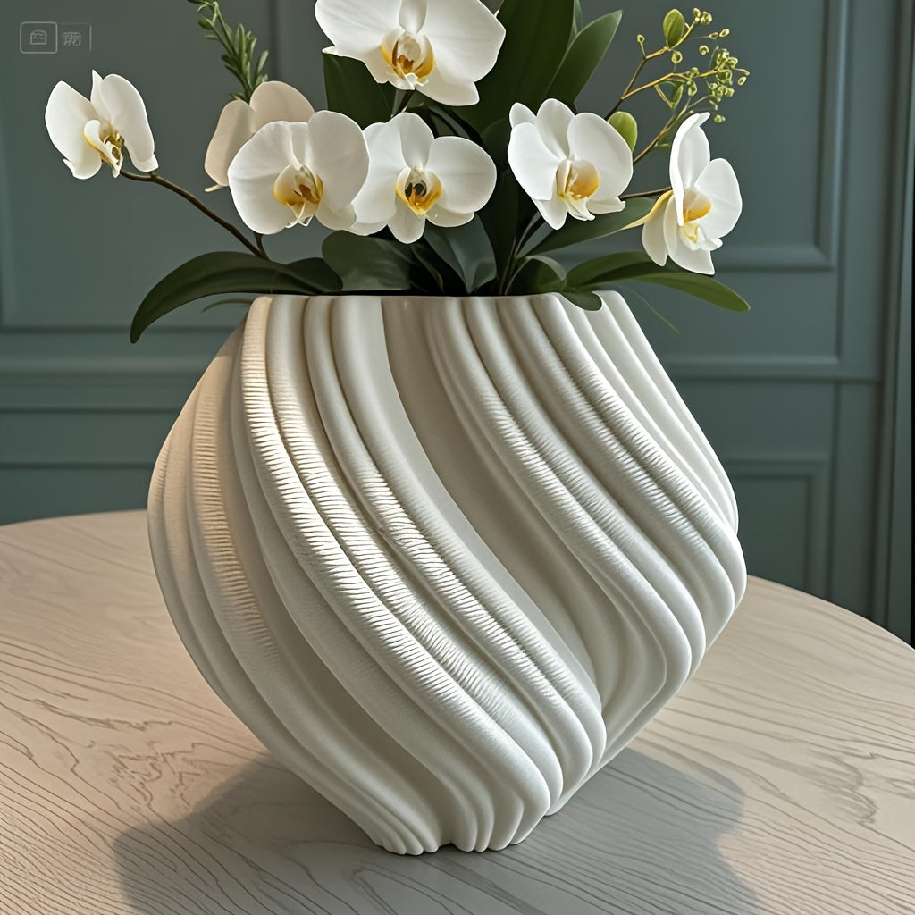Creative 3D Printed Pleated Ceramic White Flower Vase, Designer Artistic Decorative Items, Model Room Living Room Vase Ornaments