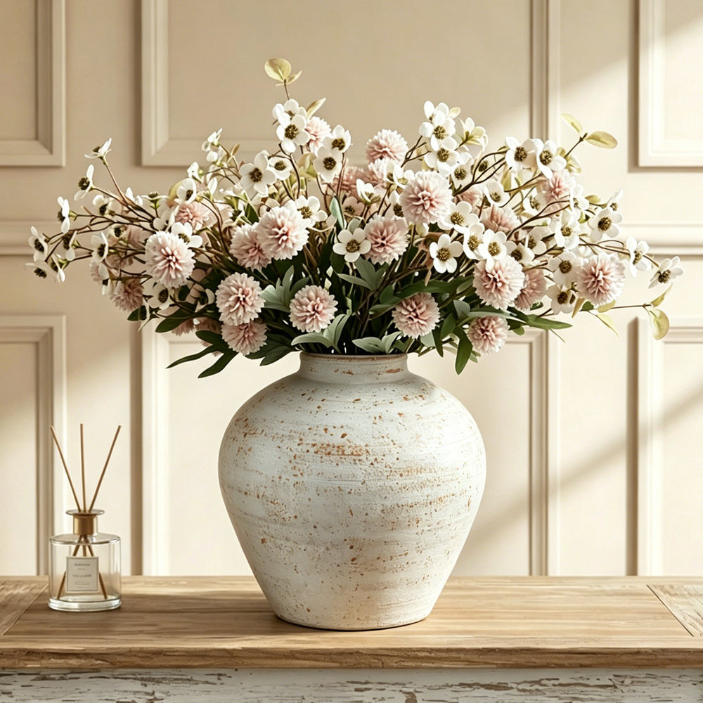 White Rustic Round Vase for Table Centerpieces 6 inches, Earthy Stone Look, Textured, Modern Homes Farmhouse Centerpiece Decor