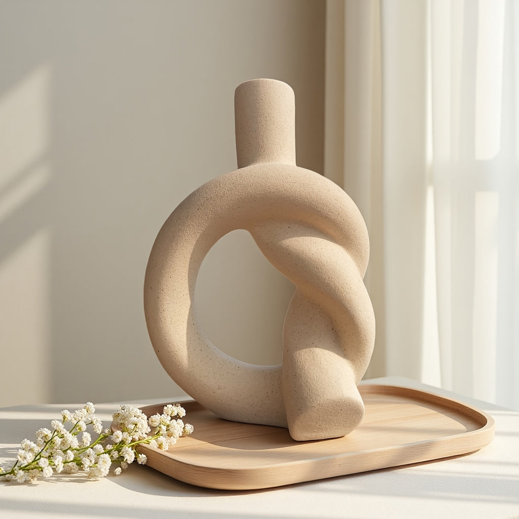 A Small-Sized Tabletop Vase with a Ceramic Matte End, Perfect for Home Decor, Decorative Vase, Candle Holder for Incense, in a Modern Minimalist Style, Featuring a Knot Design, Handcrafted