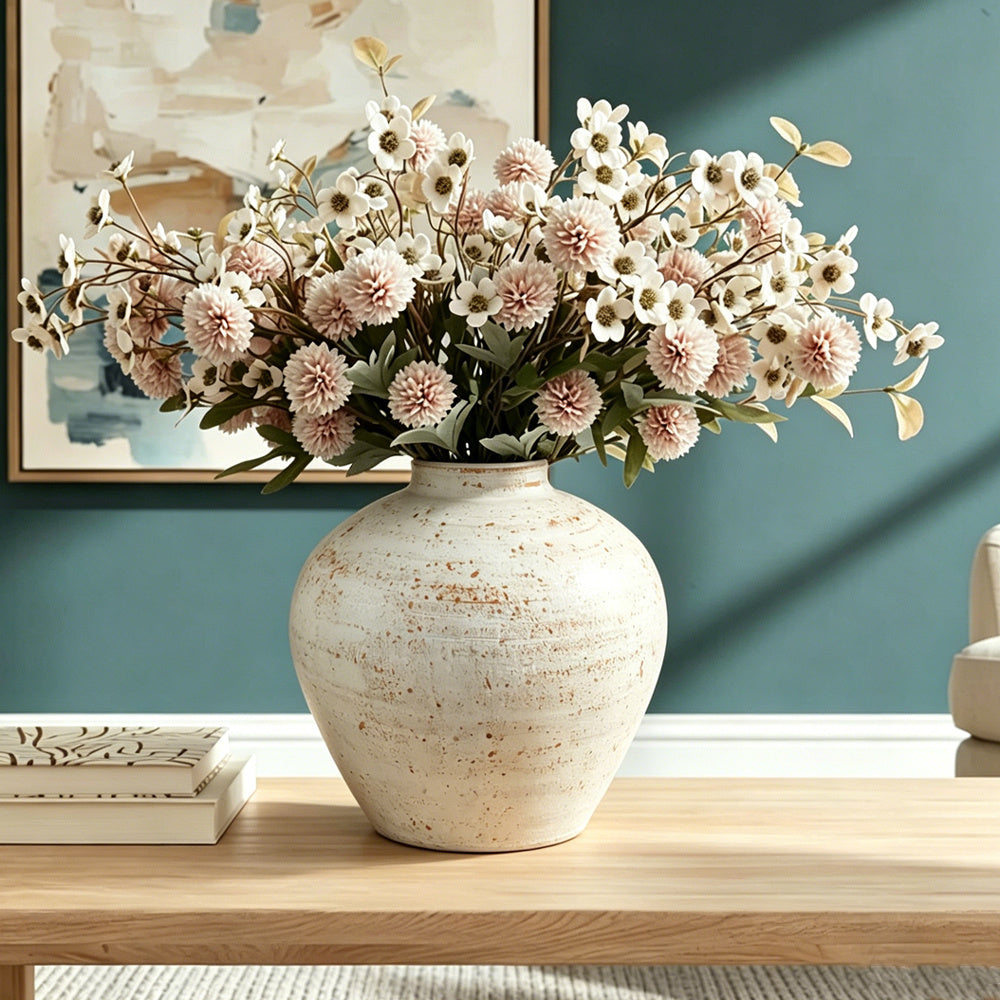 White Rustic Round Vase for Table Centerpieces 6 inches, Earthy Stone Look, Textured, Modern Homes Farmhouse Centerpiece Decor
