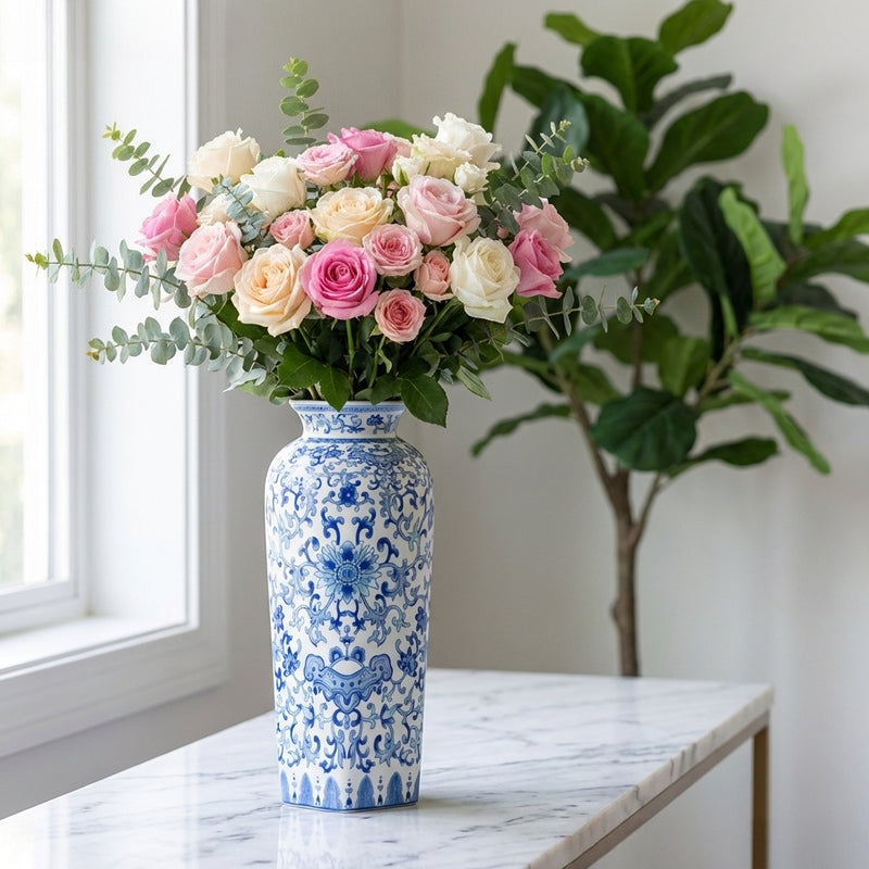 Sophisticated Chinoiserie Blue And White Ceramic Vase, Intricate Floral Pattern Porcelain Vase, Luxury Home Decor for Living Room, Study, Office, Flower Arrangement & Gift