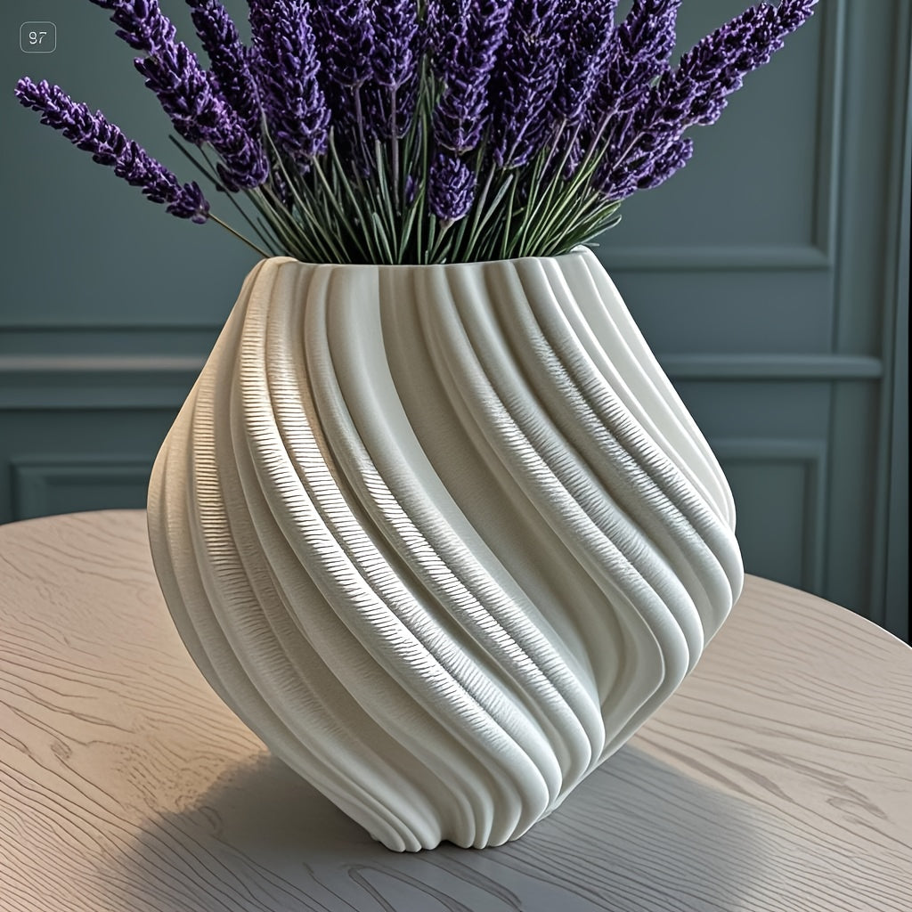 Creative 3D Printed Pleated Ceramic White Flower Vase, Designer Artistic Decorative Items, Model Room Living Room Vase Ornaments