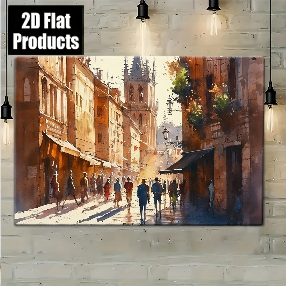 2D Flat 1pc Wooden Frame Watercolor Painting of a City Street with Medieval Buildings And Perfect for Enhancing Living Rooms, Bedrooms, And Hallways