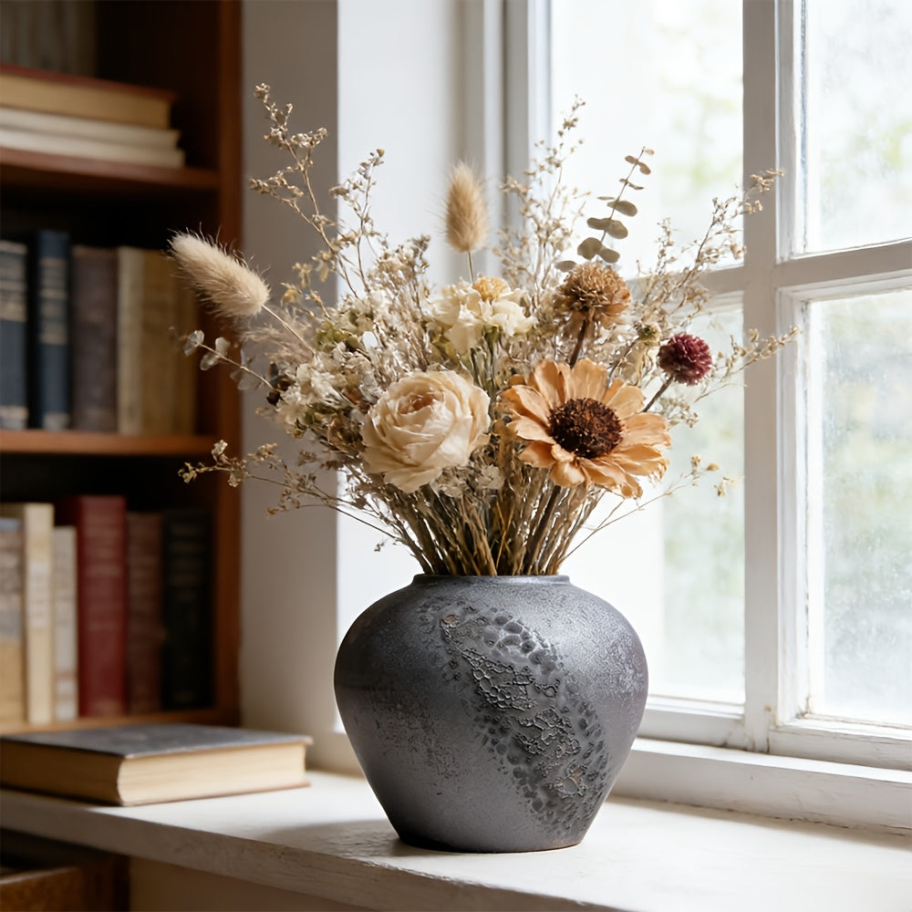 Wabi-Sabi Ceramic Vase with Textured Glaze End, Rustic Farmhouse Decorative Flower Vase for Living Room Tabletop, Modern Farmhouse Mantel Centerpiece, Aesthetic Home Decor
