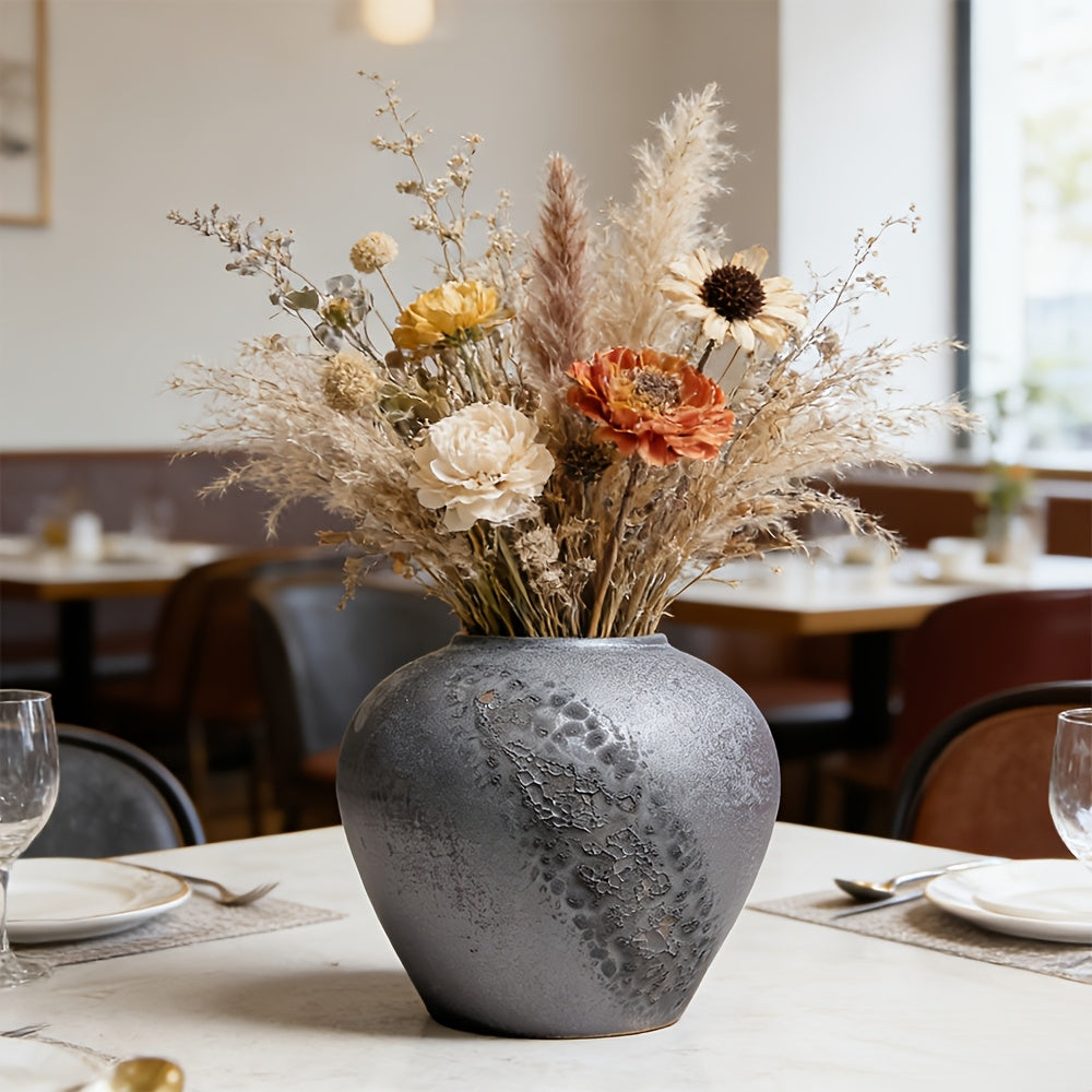 Wabi-Sabi Ceramic Vase with Textured Glaze End, Rustic Farmhouse Decorative Flower Vase for Living Room Tabletop, Modern Farmhouse Mantel Centerpiece, Aesthetic Home Decor